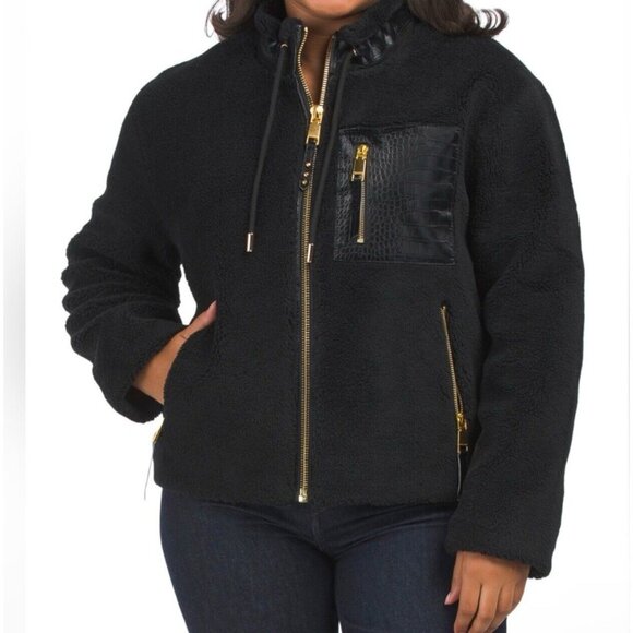 NEW Rebecca Minkoff Women’s Faux Shearling Zip Front Bomber Jacket Sz L Black - Picture 2 of 16